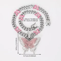Silver cuban chain necklace with large pink butterfly pendant and pavé rhinestones - Silver Pink & White Rhinestone Butterfly Necklace (50cm)