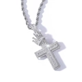 Hiphop halsketting met kroon-kruis hanger, zirkonia steentjes en gedraaide touwketting - Zilveren Kruishanger Met 20 Inch Touwketting