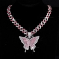 Hip hop cuban link necklace with pink and white rhinestone iced out butterfly pendant - Silver Pink Butterfly Pendant Necklace