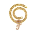 Golden hip hop Cuban chain with letter T pendant and pink rhinestone lips charm - Gold Letter T