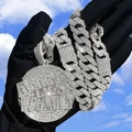 Hip hop iced out round pendant with NO LOVE LAND inscription on thick cuban chain - Silver Disc Pendant Necklace Set