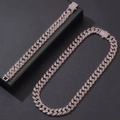 Ensemble chaîne cubaine rose glacée avec collier et bracelet au fini argenté - Collier 45cm + Bracelet 20cm / Argent/Zircone Rose