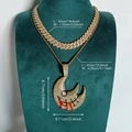 Hip hop jewelry set featuring iced out cuban link chain and large moon pendant on mannequin - Pendant + 20in Cuban Chain + 24in Rope Chain / Gold Moon Necklace