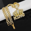 Gouden hip-hop Cubaanse schakelketting met ijskristallen kroon en KING letter hanger - Gouden Kroon Hanger Met Cubaanse Ketting