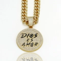 Gold Cuban link necklace with rhinestone encrusted Dios Es Amor pendant on white background - Gold Round Pendant Only (Without Chain)