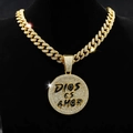 Golden Cuban chain necklace with iced-out round pendant featuring DIOS ES AMOR text - Gold Round Pendant + 20inch Cuban Chain