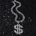 Pendentif signe dollar glacé sur grosse chaîne cubaine avec finition argent brillant - Pendentif Dollar Argent + Collier Gourmette