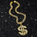 Chaîne cubaine hip-hop dorée avec grand pendentif dollar et zircons pavés brillants - Pendentif Dollar Or + Collier Gourmette