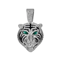 Hip hop silver tiger head pendant with white diamonds and green gemstone eyes on white background - Pendant Only / Silver Tiger Head Pendant Only (Without Chain)