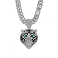 Close-up of silver tiger head pendant with green eyes and iced-out Cuban link chain - Silver Tiger Head Necklace