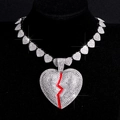 Collana hip hop con pendente a cuore spezzato argento, fulmine rosso e strass lucidi - Ciondolo a Cuore + Catena Cubana Argentata