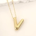 Polished gold Letter V pendant necklace with artistic textured surface and O-chain - Gold Letter V
