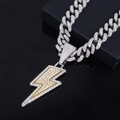 Hip hop silver Cuban link chain with sparkling diamond-encrusted lightning bolt pendant - Silver Pendant With 20inch Cuban Chain