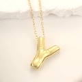 Polished gold stainless steel O-chain necklace with bamboo texture letter Y pendant - Gold Letter Y