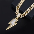 Hip hop style gold-plated cuban link necklace with purple lightning bolt pendant and crystals - Gold Pendant With 20inch Cuban Chain