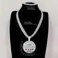 Close-up of iced out hip hop jewelry set with Poker Card Guard pendant on black neck model - Pendant Only / Silver