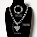 Set catena e bracciale cubani argentati con grande pendente diamante e dimensioni - Set Diamante / Argento