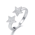 Macro view of adjustable S925 sterling silver ring with sparkling double star pavé stones - US 6 / White Gold