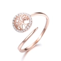 Detailed view of rose gold Tree of Life adjustable ring with sparkling zircon halo - US 5 / Rose Gold