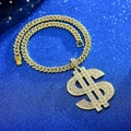 Hip Hop Gold Dollarzeichen Halskette mit vereisten Kristallen und kubanischer Kette - Goldener Dollar-Anhänger + 11mm Panzerkette 18inch