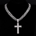 Silberne kubanische Halskette mit großem, vereistem Kreuzanhänger im Hip-Hop-Stil - Kreuz Anhänger + 20 Zoll Rhombus 14mm Panzerkette / Silber