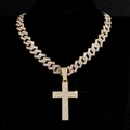 Goudkleurige Cubaanse ketting met een grote, met kristallen bezette kruishanger sieraad - Kruis Hanger + 20inch Ruitvorm 14mm Cubaanse Schakelketting / Goud