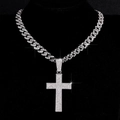 Zilveren iced out Cubaanse ketting met grote kristallen kruishanger in hiphopstijl - Kruis Hanger + 20inch Drakenbaard 11mm Cubaanse Schakelketting / Zilver