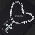 Silberne Iced-Out Cuban-Kette mit großem grünem Kreuzanhänger, 50cm Hip-Hop-Halskette - Silbergrüner Anhänger Mit 20 Zoll Cuban-Kette