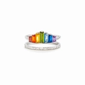 Elegantes S925 Sterling Silber Regenbogen-Ring-Set mit bunten Zirkon-Edelsteinen - US-Größe 7 Verstellbare Öffnung / Weißgold
