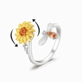 Rotating S925 sterling silver sunflower and bee fidget ring for women stress relief - US Size 7 Open (Adjustable) / Silver & Gold Two-tone (With Rotating)