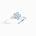 Anillo ajustable de plata de ley S925 con flor de esmalte azul y pétalos de circonita - Talla US Abierta (Ajustable) / Oro Blanco (Con flor azul giratoria)
