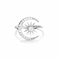 Minimalistischer S925 Sterlingsilber Ring mit glitzerndem Zirkonia Mond und Stern - US Größe 7 Offen (Verstellbar) / Weißgold