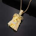 Hip-hop gold plated Jesus head pendant necklace with white rhinestones on rope chain - Gold Pendant With Rope Chain