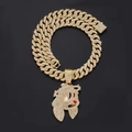 Iced-out gold Cuban chain necklace with a diamond-encrusted cartoon bunny pendant - Gold Pendant with Cuban Chain