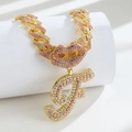 Hip hop golden Cuban chain with pink rhinestone lips and sparkling letter F pendant - Pendant Only / Gold Pink Letter F