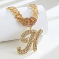 Iced out gold Cuban link necklace with pink crystal lip and letter H pendant - Pendant Only / Gold Pink Letter H