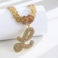 Gold Cuban chain with pink rhinestone lips and iced-out letter L pendant charm - Pendant Only / Gold Pink Letter L