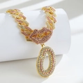 Iced out gold Cuban link necklace with pink crystal lips and number 0 pendant - Pendant Only / Gold Pink Letter O