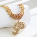 Iced out gold Cuban link necklace with pink rhinestones and letter P lip pendant - Pendant Only / Gold Pink Letter P