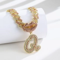 Hip hop Cuban chain necklace with pink rhinestone lips and letter Q pendant in gold finish - Pendant Only / Gold Pink Letter Q