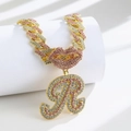 Iced out gold Cuban link necklace with pink crystal lips and letter R pendant charm - Pendant Only / Gold Pink Letter R