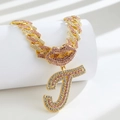 Gold-tone hip hop Cuban chain with sparkling pink iced-out lips and letter J pendants - Pendant Only / Gold Pink Letter T