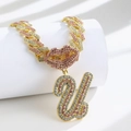 Hip hop style gold Cuban chain necklace with pink rhinestone lips and letter U pendant - Pendant Only / Gold Pink Letter U