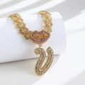 Gold-tone Cuban link necklace with pink crystal lips and iced-out letter V pendant - Pendant Only / Gold Pink Letter V