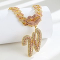 Hip-hop gold Cuban chain with pink rhinestones, letter W pendant and red lips charm - Pendant Only / Gold Pink Letter W