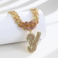 Hiphop golden Cuban chain necklace with iced-out pink lips and letter y pendant - Pendant Only / Gold Pink Letter Y