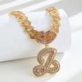 Iced out gold Cuban link necklace with pink crystal lips and a large letter B pendant - Pendant Only / Gold Pink Letter Z