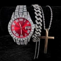 Men's hip-hop watch set with red sunray dial, Cuban chain, and cross necklace pendant - Red Watch Three-piece Set