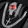 Set orologio uomo hip hop con quadrante rosso, catena cubana, bracciale e croce iced-out - Rosso (Set Orologio)