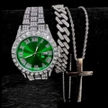 Men's hip hop watch set with green dial, silver cuban chain and cross necklace pendant - Green Watch Three-piece Set